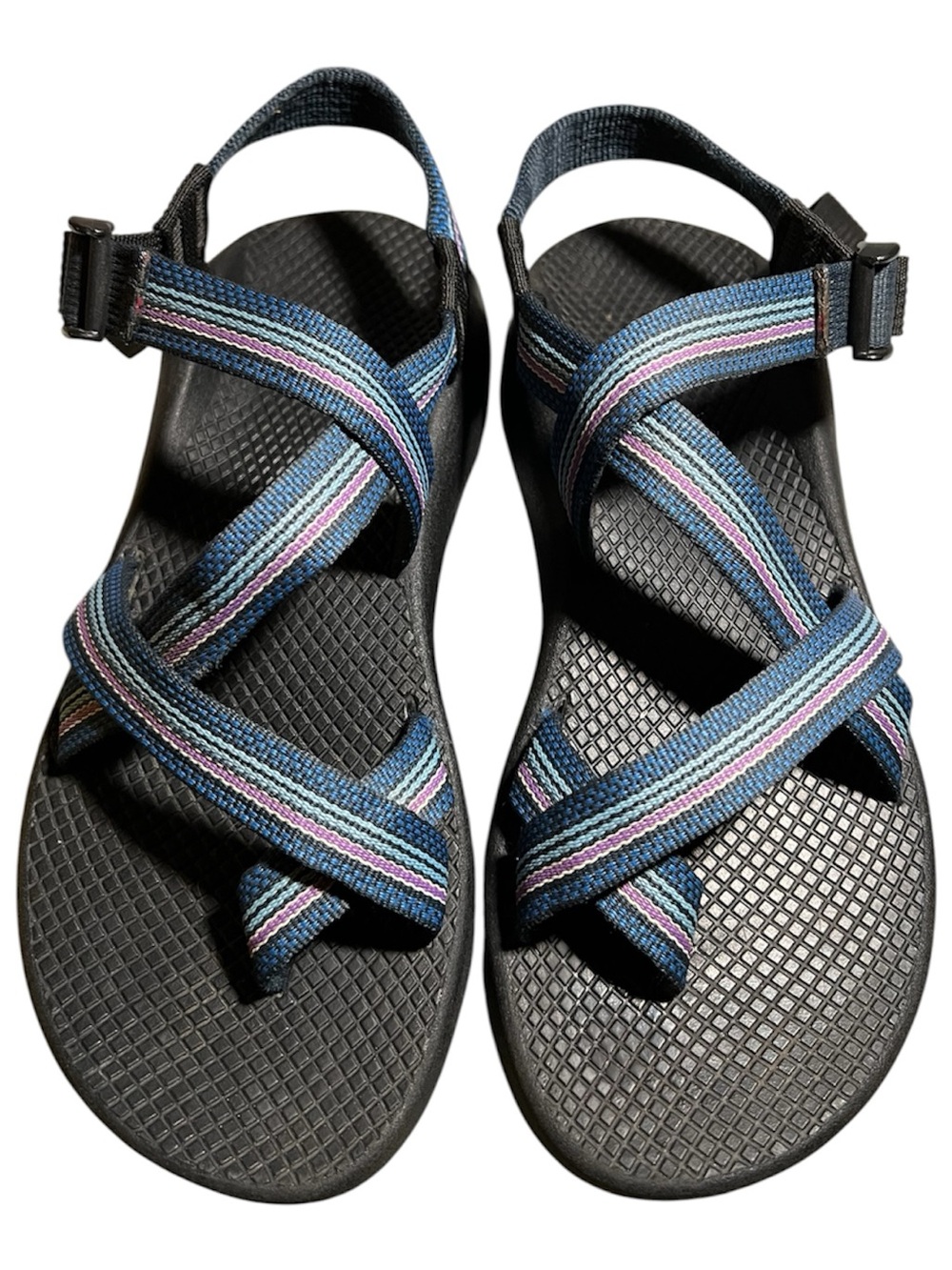 Chaco Women's Black Sandals with Blue, Purple & Cream Straps size 9